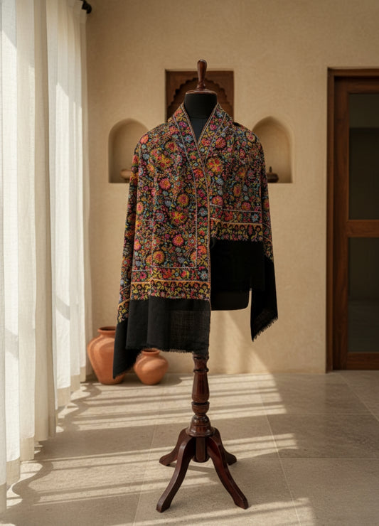 Black Kashmiri Full Jaal Pashmina | Needlework Heritage