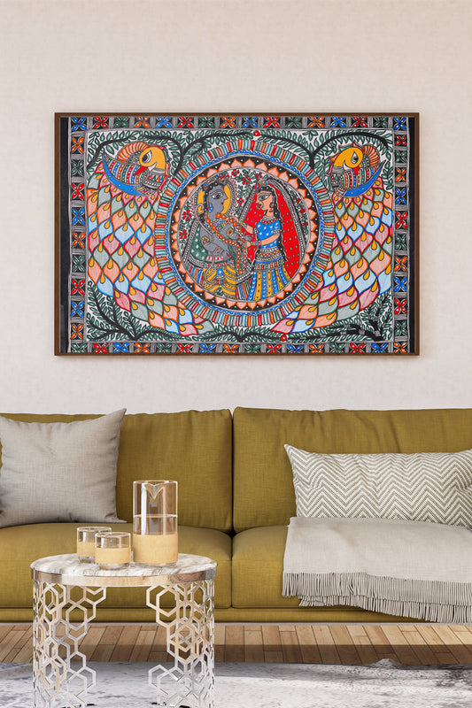 Handmade Prem Ras Canvas Painting – Madhubani Artistic Home Accent