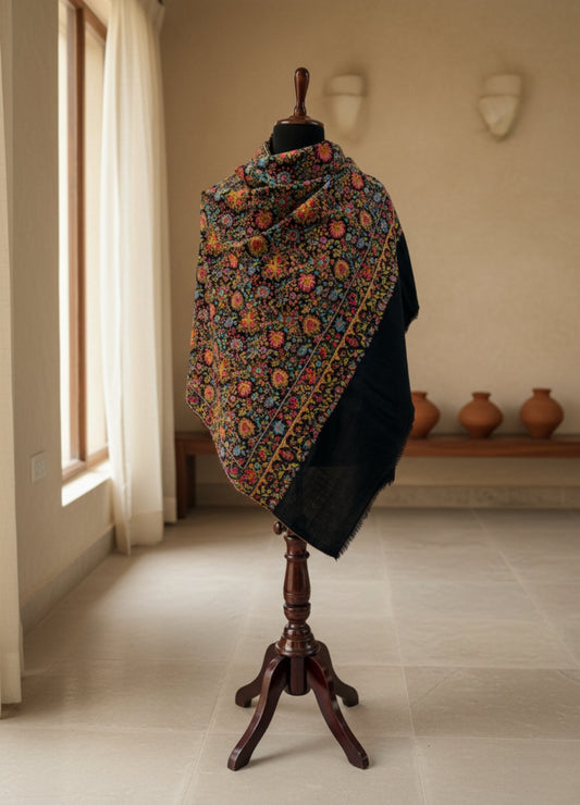 Black Kashmiri Full Jaal Pashmina | Needlework Heritage