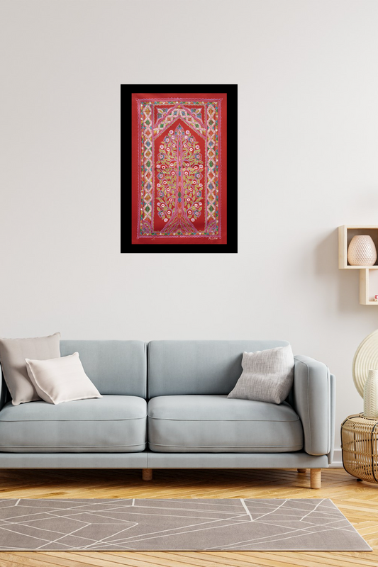 Diamond Border Tree – Indian Folk Painting Combining Nature & Geometric Design