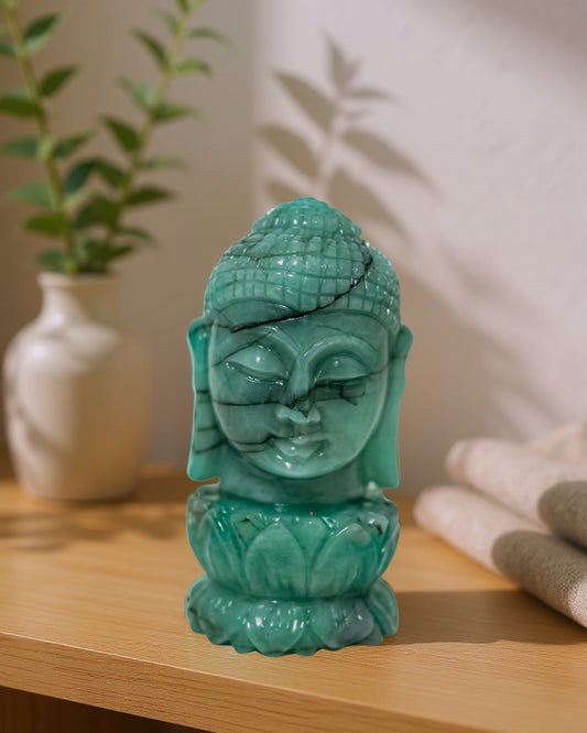 Green Aventurine Buddha Head on Lotus Carving – Mindfulness & Spiritual Décor