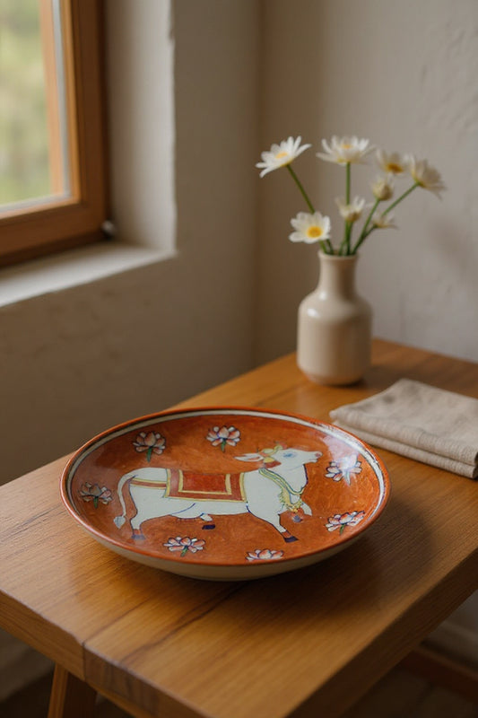 Divine Cow & Lotus Handmade Decorative Ceramic Plate