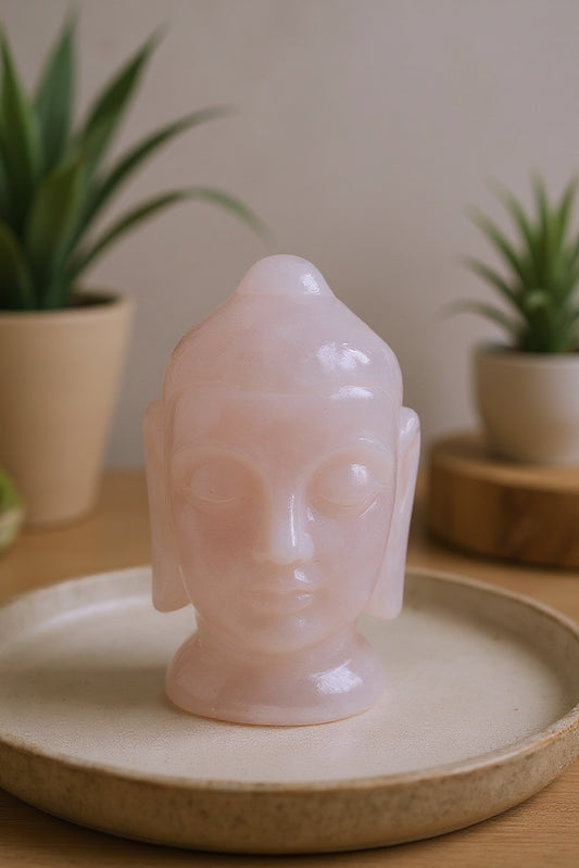 Buddha Head Figurine in Rose Quartz Gemstone – Meditation & Positive Energy Décor