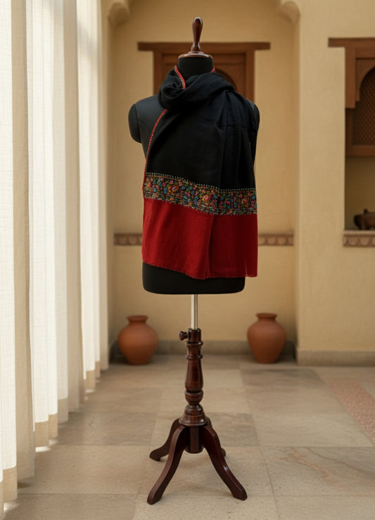 Handwoven Black & Maroon Semi Pashmina Stole | Traditional Craft