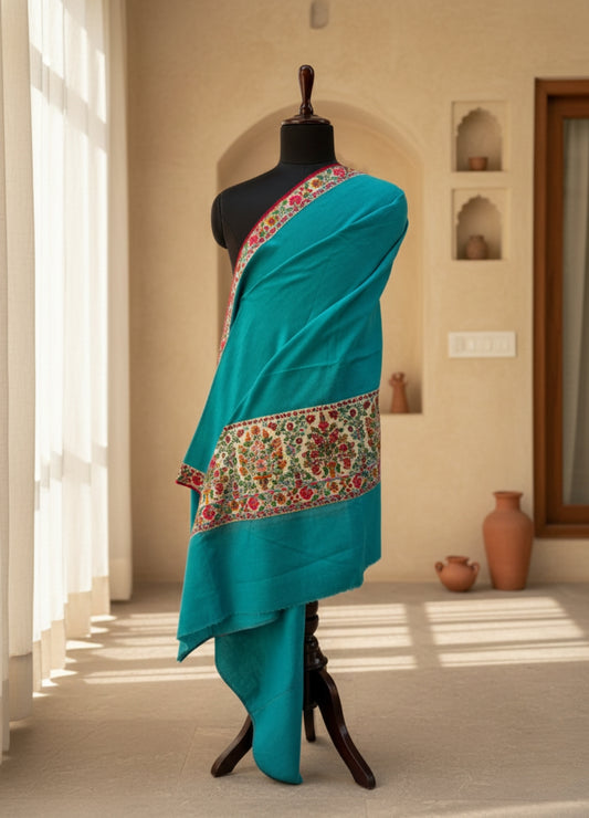 Teal Kashmiri Palledar Pashmina | Kashida Embroidery Shawl