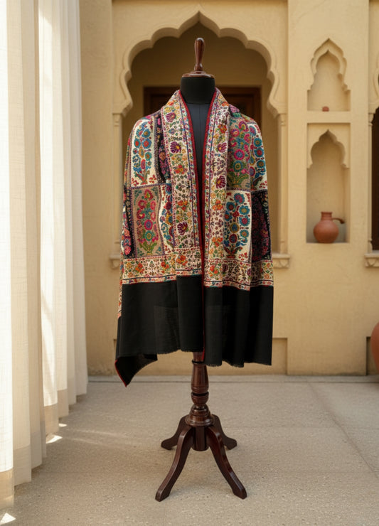 Black Patched Kashida Shawl | Heritage Hand-Embroidered Kalamkari