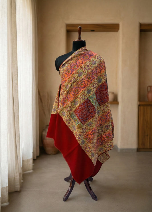 Crimson Kalamkari Kashida Shawl | Hand-Embroidered Kashmir Art