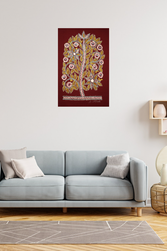 Star Bloom Tree – Madhubani Painting of Blossoms & Stars
