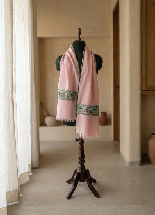Blush Pink Semi Pashmina Patched Stole | Handcrafted Kashmiri Art