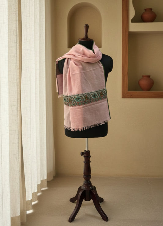 Blush Pink Semi Pashmina Patched Stole | Handcrafted Kashmiri Art