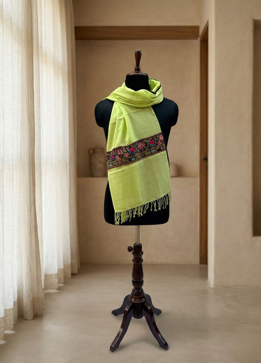 Luxury Lemon Yellow Semi Pashmina Stole | Heritage Patched Design