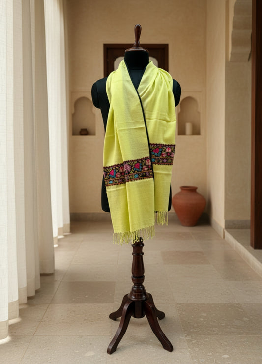 Luxury Lemon Yellow Semi Pashmina Stole | Heritage Patched Design