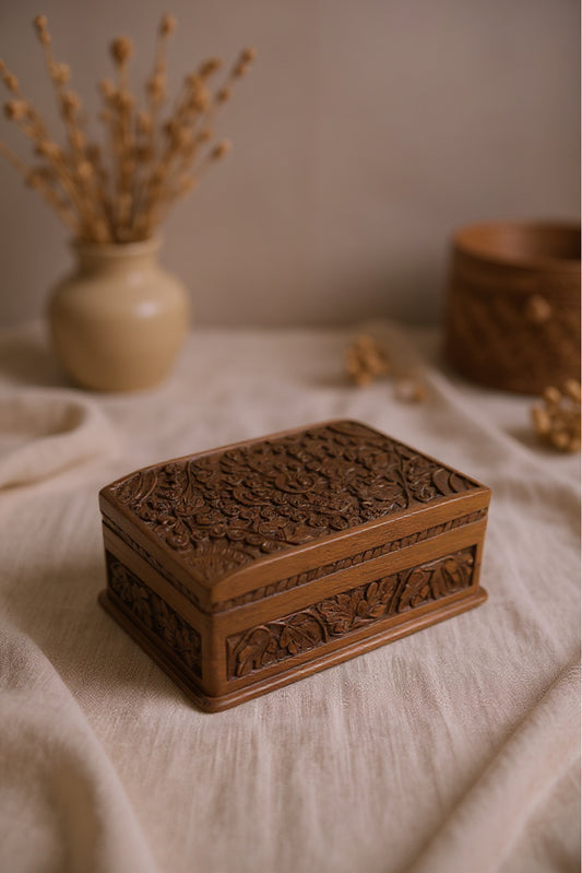 Handcrafted Wooden Floral Carving Box | Artisan Jewelry & Keepsake Storage