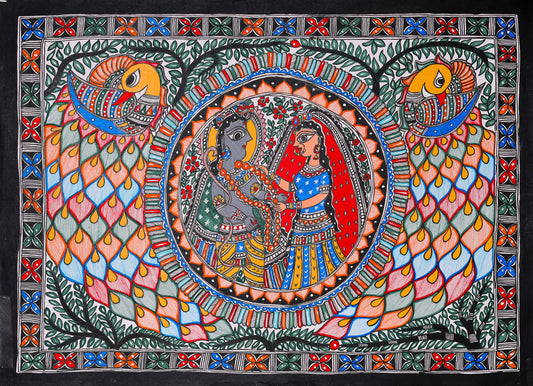 Handmade Prem Ras Canvas Painting – Madhubani Artistic Home Accent