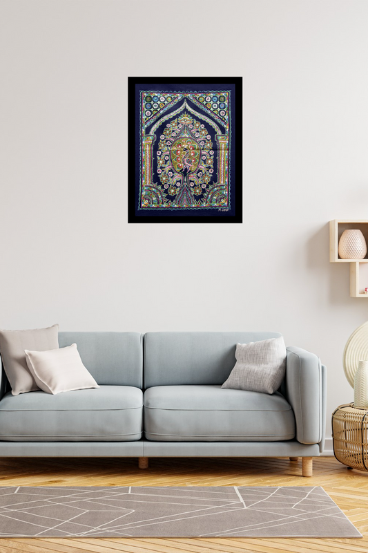 Peacock Tree – Handpainted Madhubani Art Depicting Vibrant Birds & Tree Life