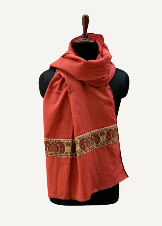 Artisan Terracotta Semi Pashmina Stole | Patched Detailing