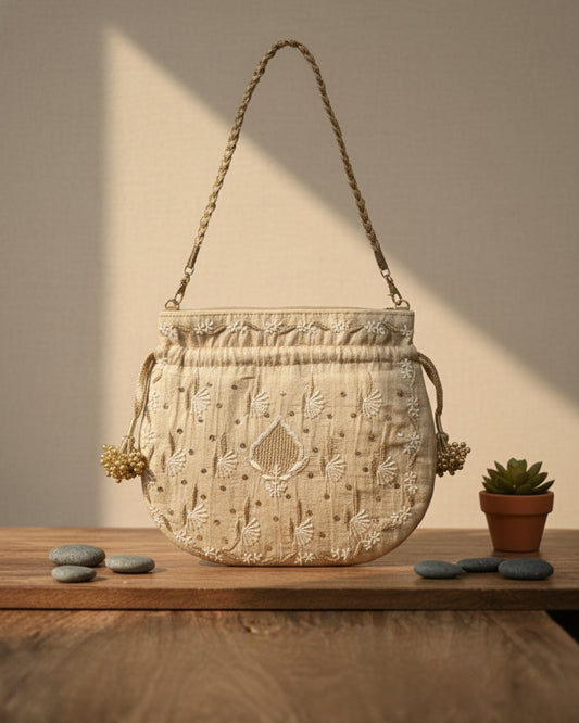 Adaab Potli – Pure Tussar Silk Chikankari Potli Bag