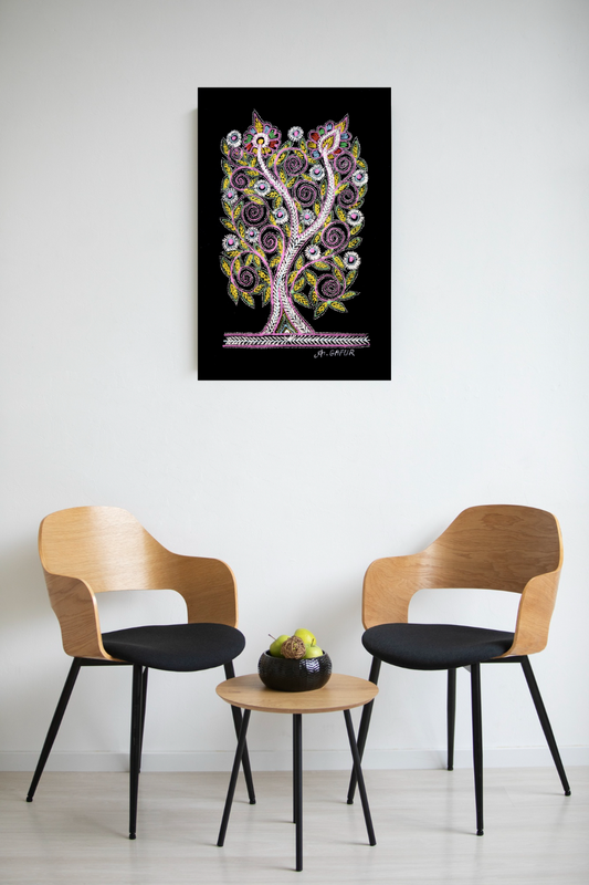 Handcrafted Spiral Vine Tree Madhubani Artwork – Cultural & Artistic Décor