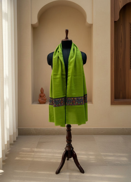 Mehndi Green Semi Pashmina Patched Stole | Handcrafted Kashmiri Art