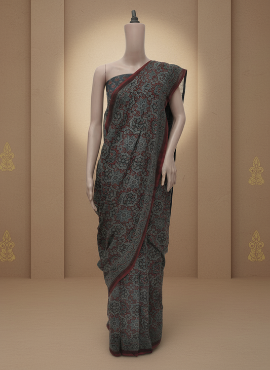 Ajrak Gulnaar Rang | Handwoven Saree