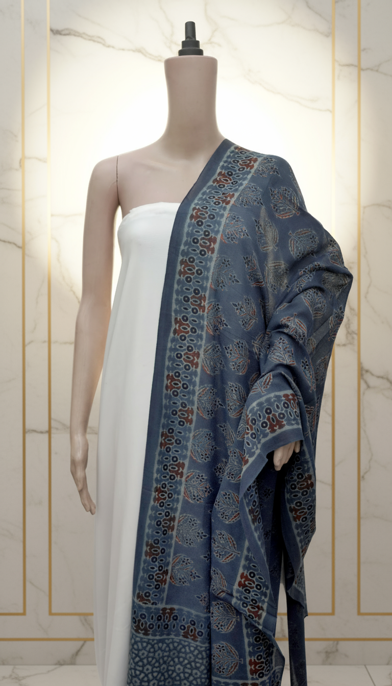 Ajrak Neel Pushp | Handwoven Dupatta