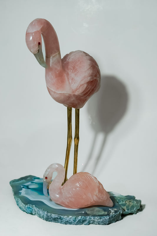 Natural Rose Quartz Flamingos – Decorative Agate Base Ornament