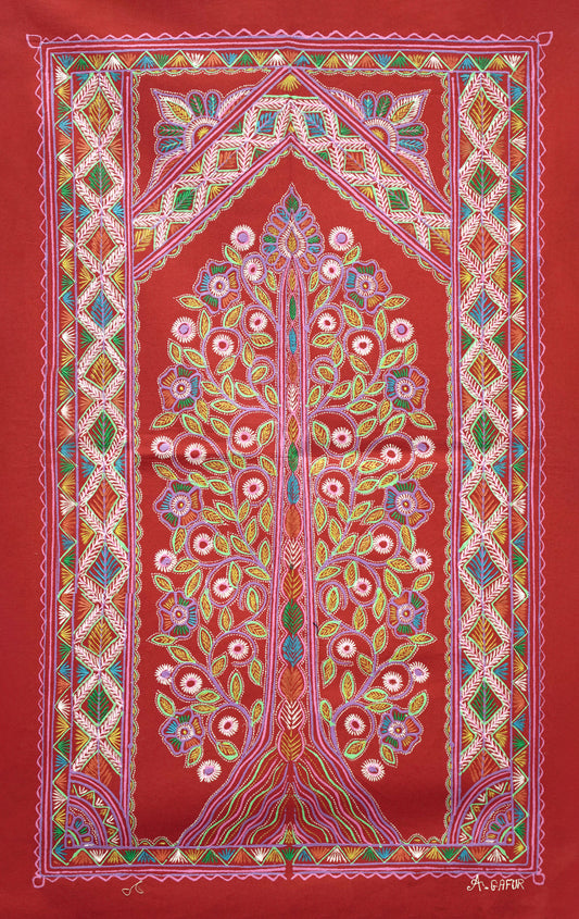 Diamond Border Tree – Indian Folk Painting Combining Nature & Geometric Design