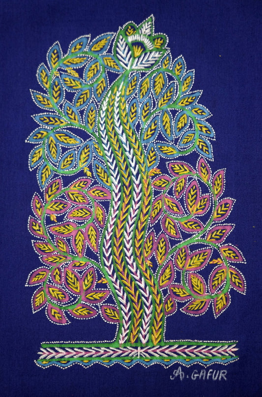 Braided Trunk Tree – Handpainted Madhubani Art Depicting Twisting Tree Trunks