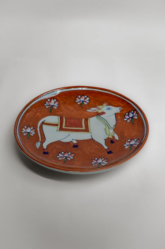 Divine Cow & Lotus Handmade Decorative Ceramic Plate