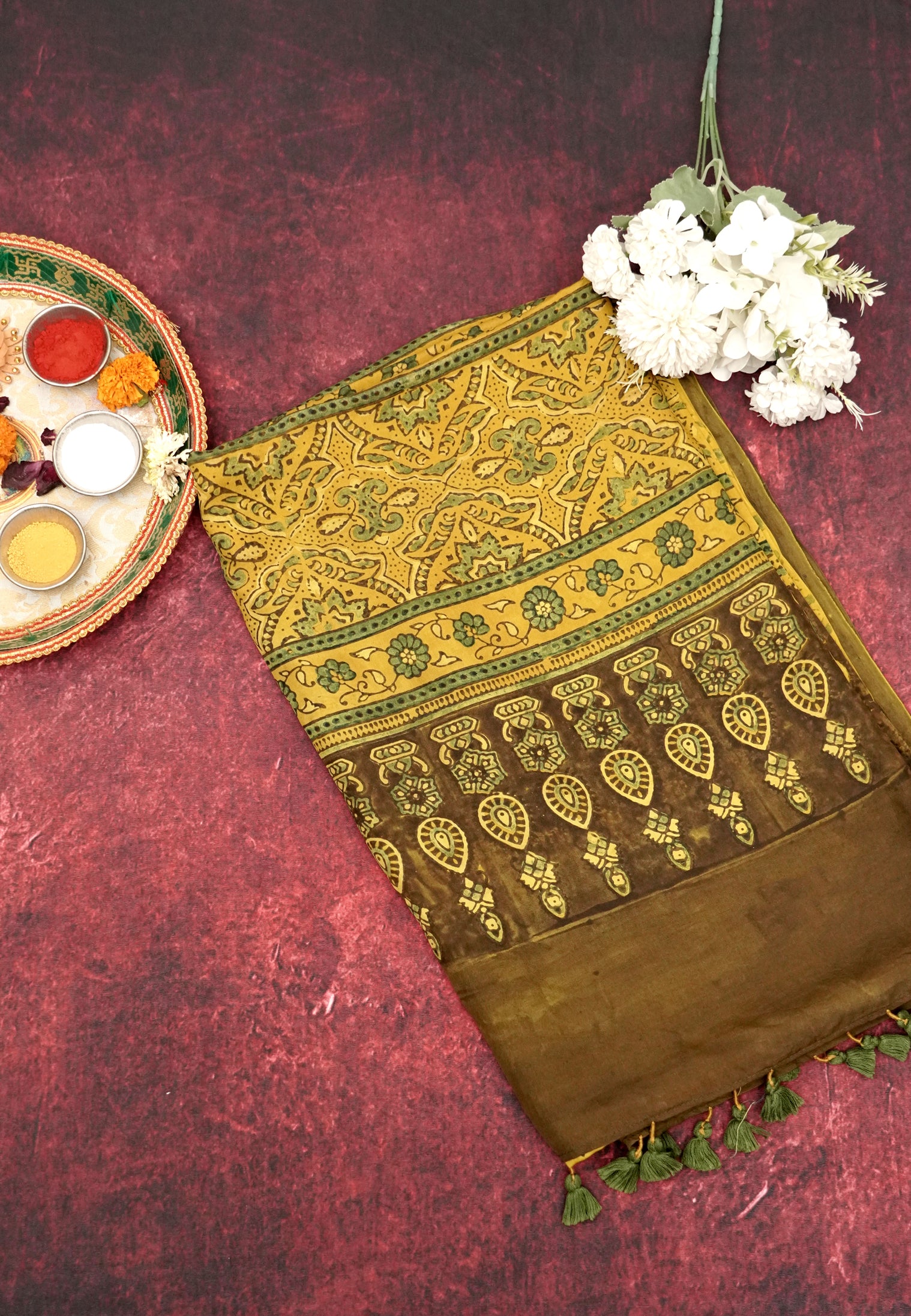 Surya Pushp Motif Ajrak Silk Saree | Artisan Weave