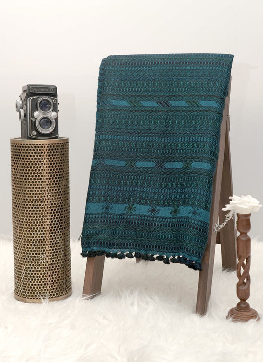 Teal Heritage Shawl | Artisan Wool Handwoven Kutch Weaving