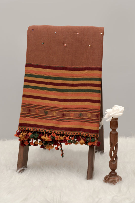 Autumn Glow | Wool Mirrorwork Handwoven Kutch Shawl