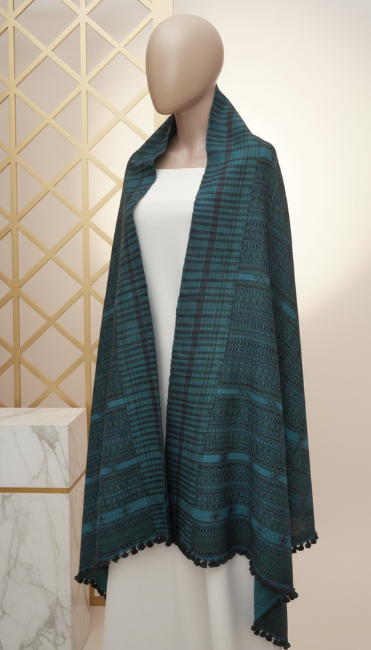 Teal Heritage Shawl | Artisan Wool Handwoven Kutch Weaving