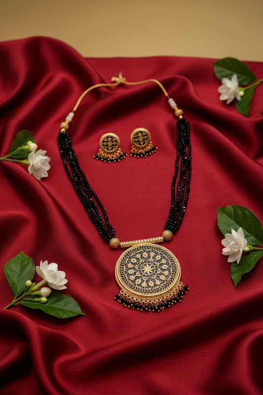 Anaar Thewa Art Garnet Glass Pendant Set