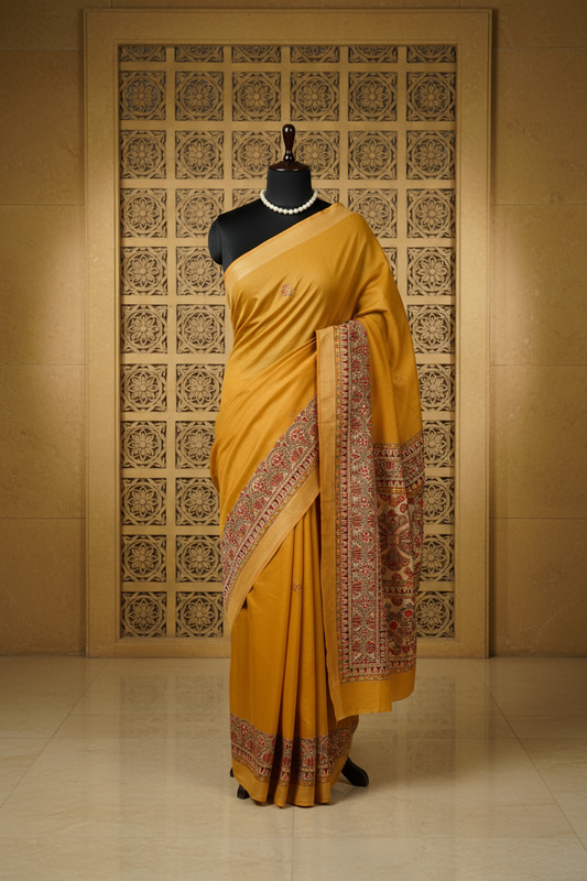 Golden Horizon Madhubani Saree | Handpainted Fish & Floral Khadi Silk