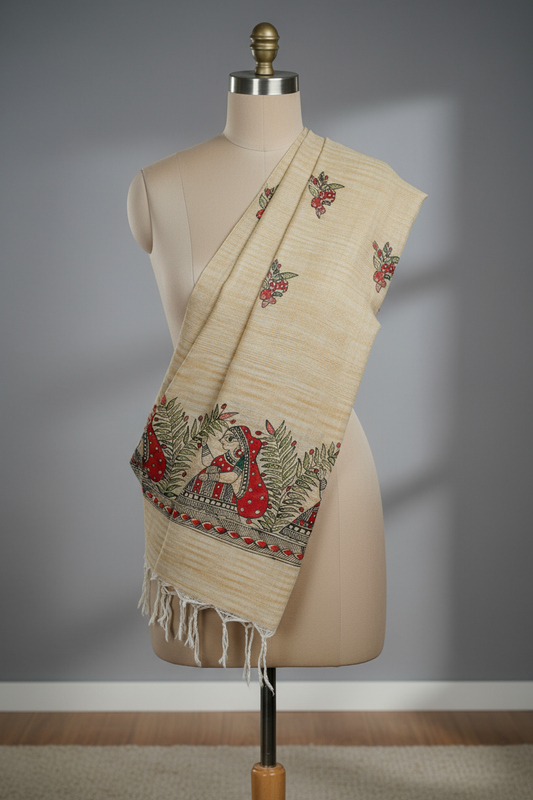Vrindavan Grace Khadi Cotton Dupatta | Handpainted Madhubani Design