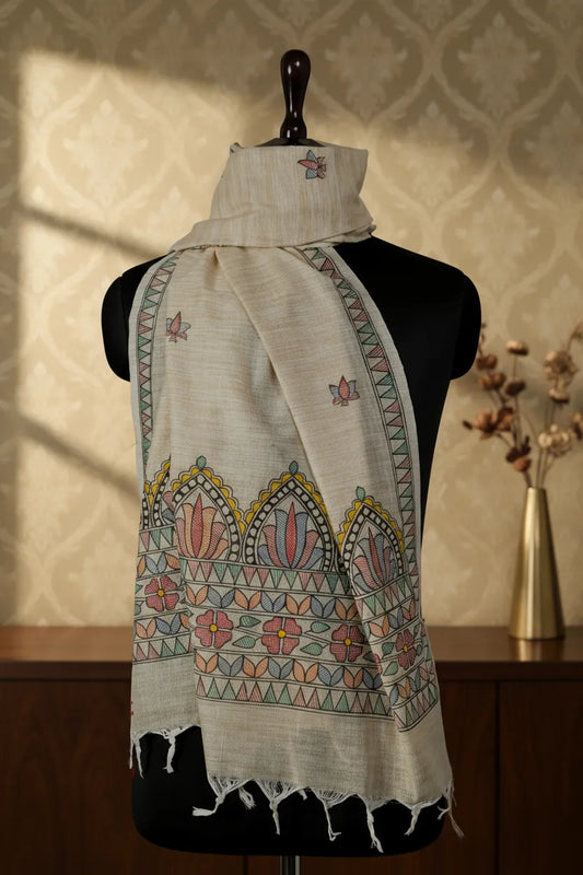 Regal Lotus Arch Handpainted Madhubani Dupatta | Khadi Cotton Stall