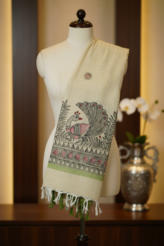 Peacock Radiance Madhubani Dupatta | Handpainted Khadi Cotton Elegance