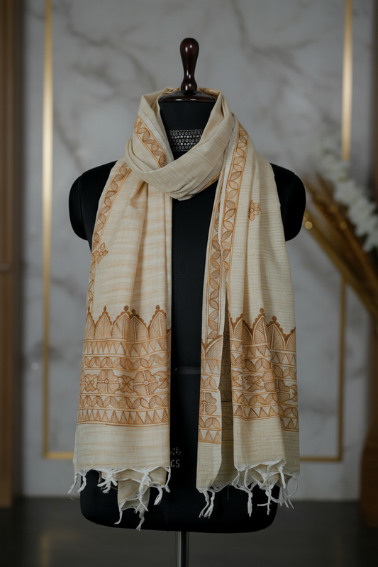 Golden Terracotta Elegance Madhubani Dupatta | Handpainted Khadi Cotton