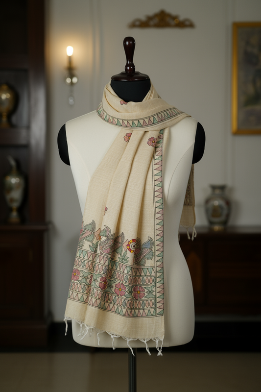 Floral Harmony Handpainted Madhubani Khadi Cotton Dupatta