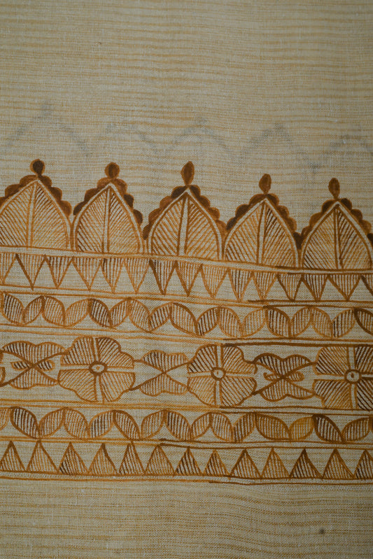 Golden Terracotta Elegance Madhubani Dupatta | Handpainted Khadi Cotton
