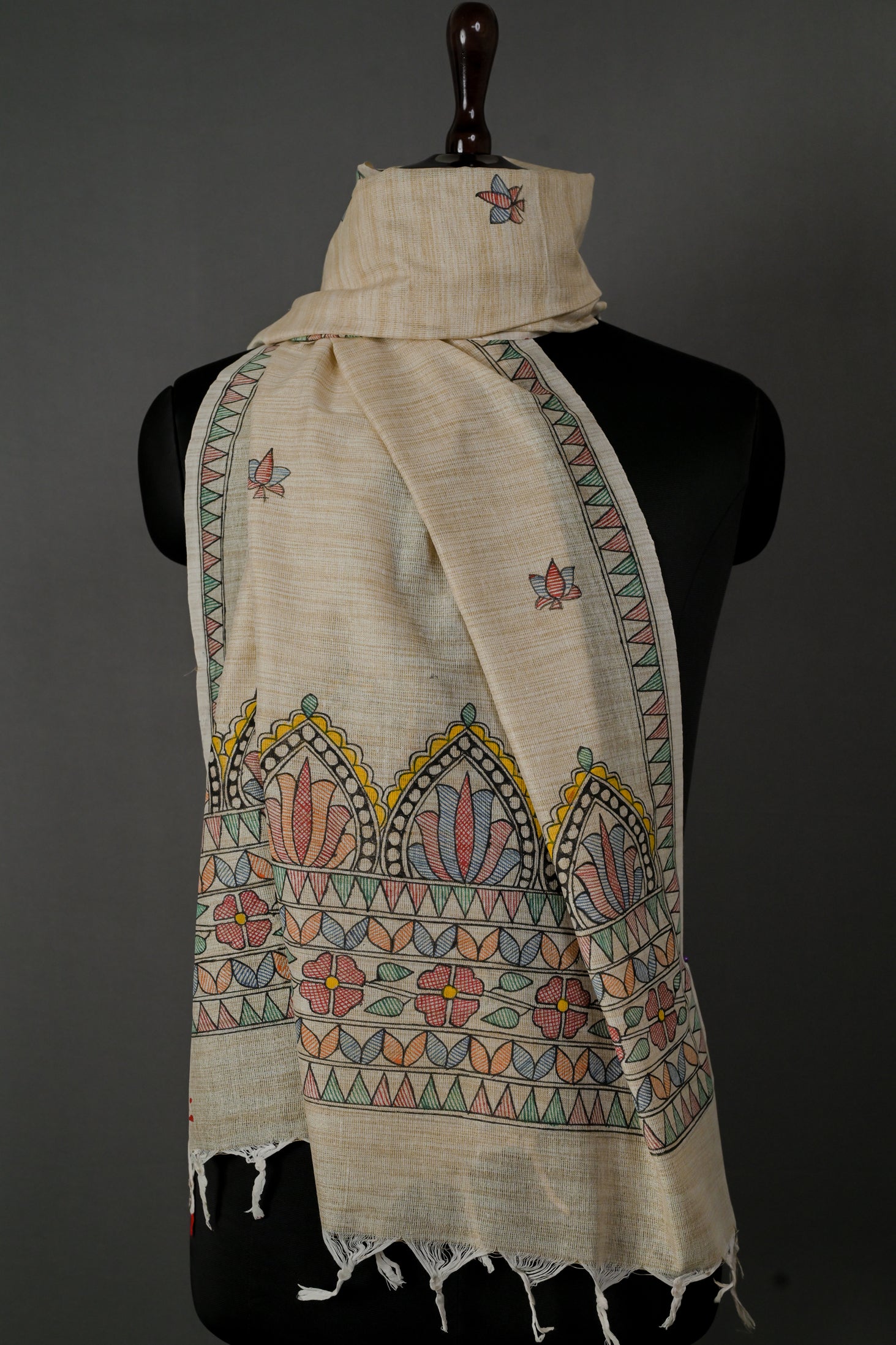 Regal Lotus Arch Handpainted Madhubani Dupatta | Khadi Cotton Stall