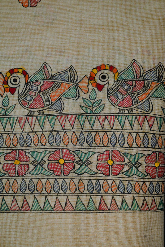 Floral Harmony Handpainted Madhubani Khadi Cotton Dupatta