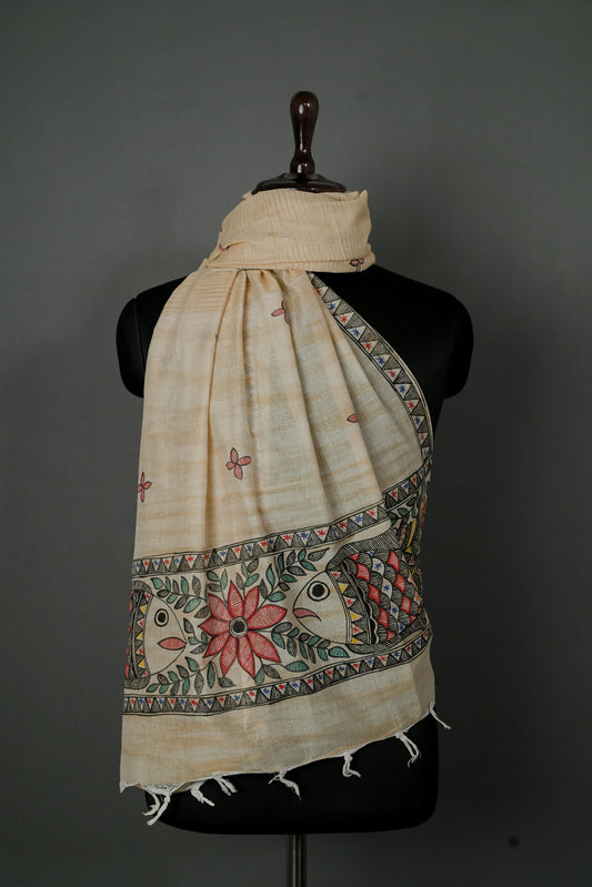 Prosperity Bloom Madhubani Dupatta | Handpainted Khadi Cotton Wrap
