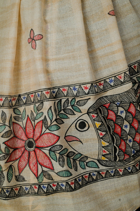 Prosperity Bloom Madhubani Dupatta | Handpainted Khadi Cotton Wrap