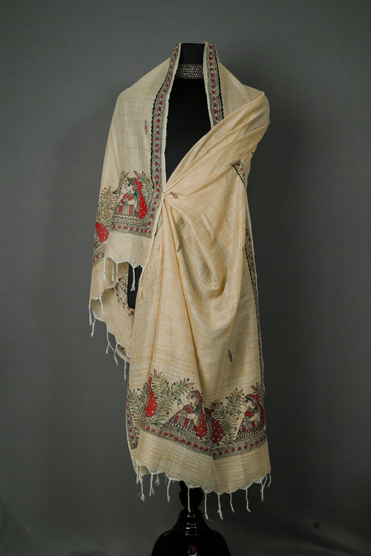Vrindavan Grace Khadi Cotton Dupatta | Handpainted Madhubani Design
