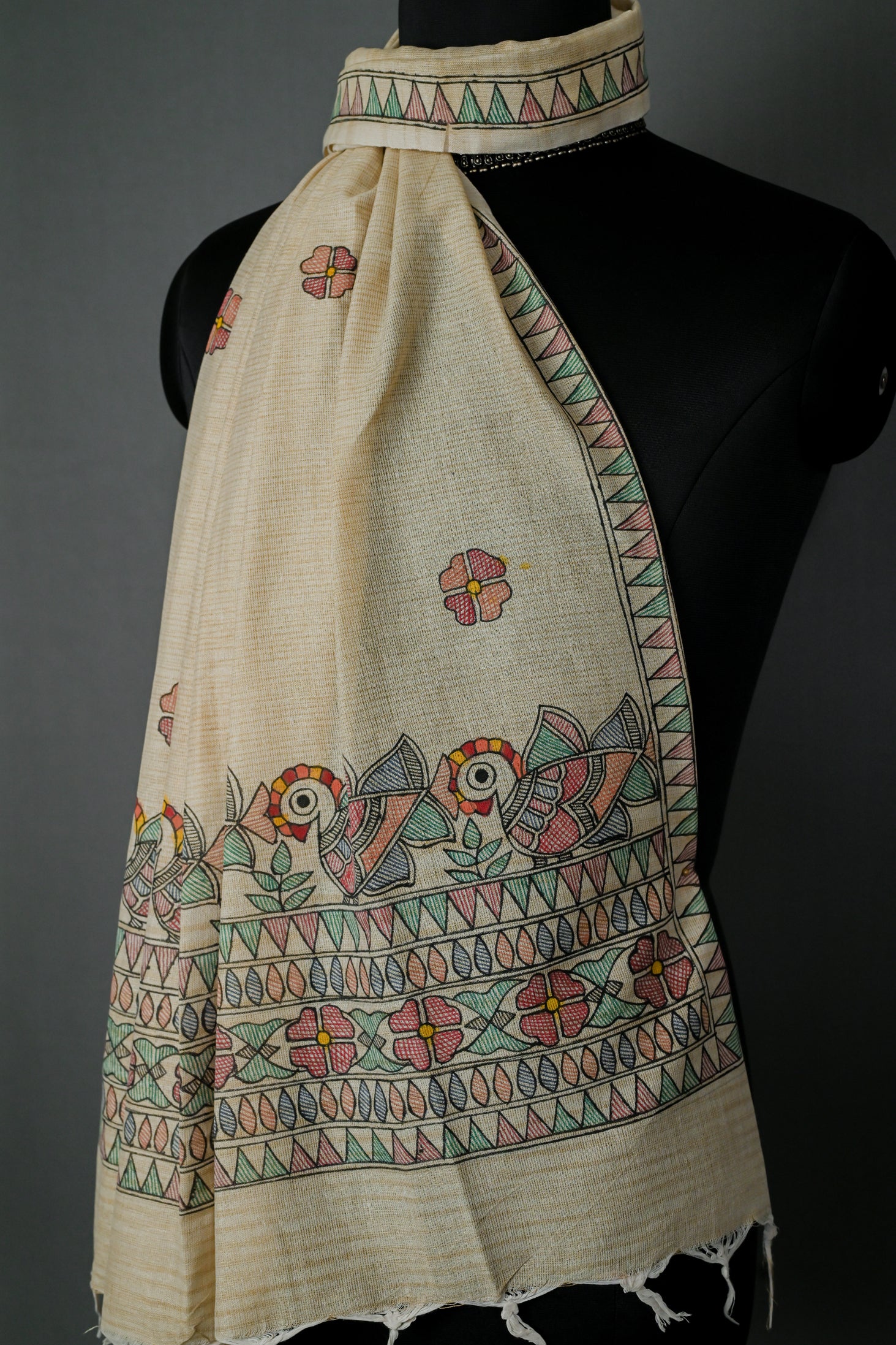Floral Harmony Handpainted Madhubani Khadi Cotton Dupatta