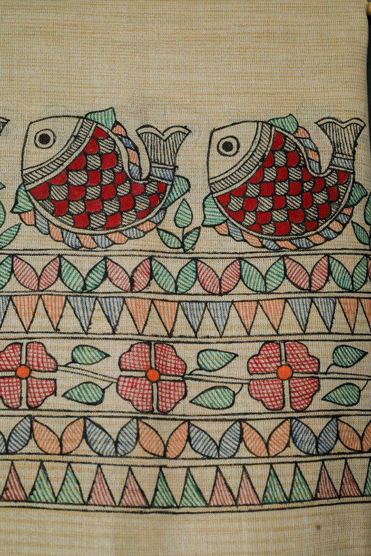 Crimson Currents Handpainted Khadi Cotton Dupatta | Madhubani Art Wrap