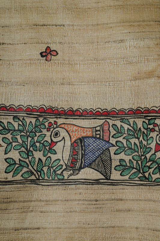 Song of the Birds Madhubani Dupatta | Handpainted Khadi Cotton Wrap