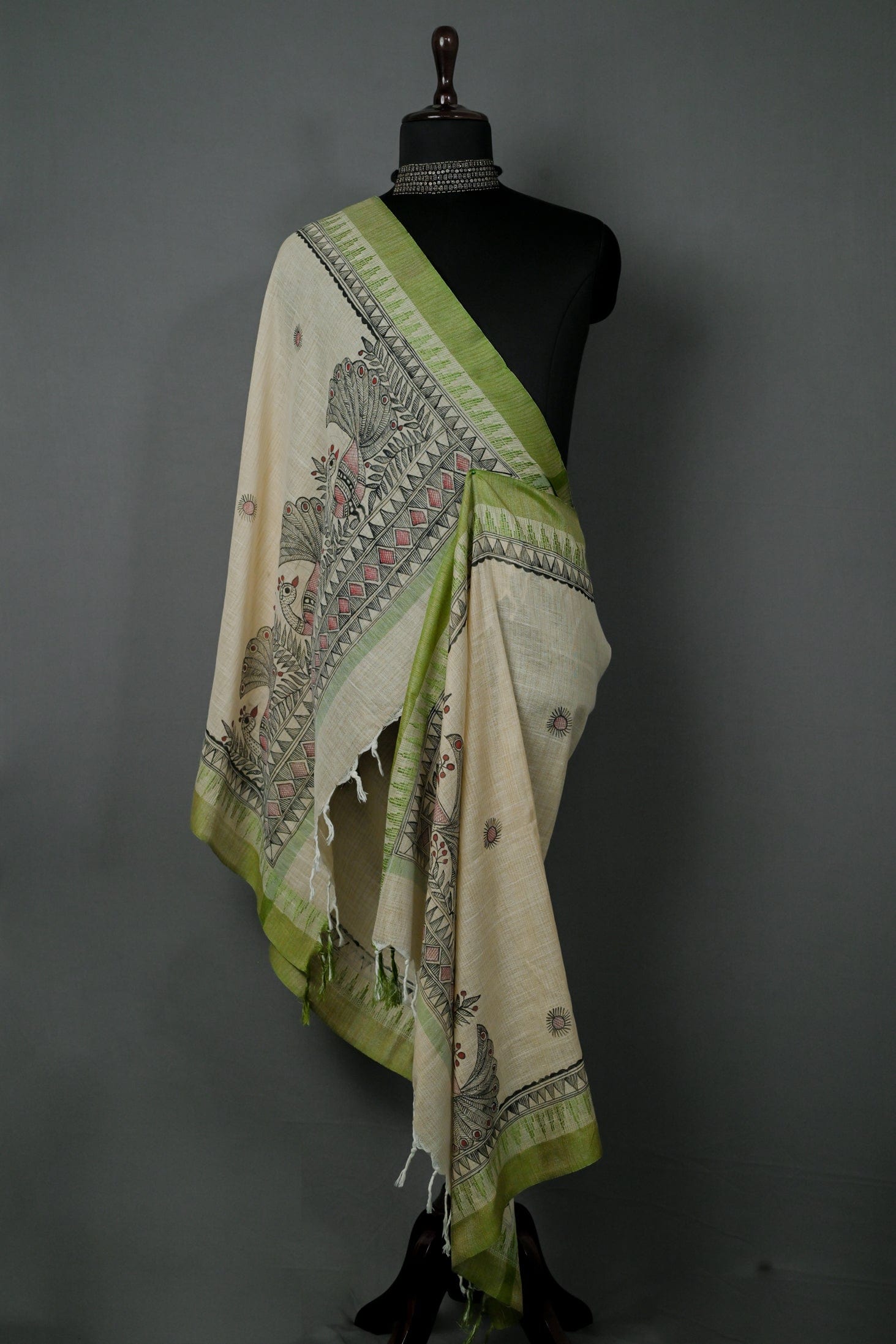 Peacock Radiance Madhubani Dupatta | Handpainted Khadi Cotton Elegance